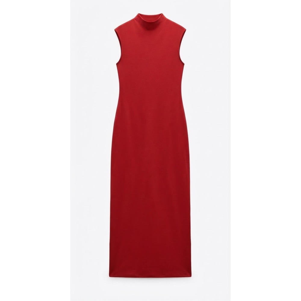 Sleeveless Mock Neck Midi Dress Women Size M Red Stretchy NWT